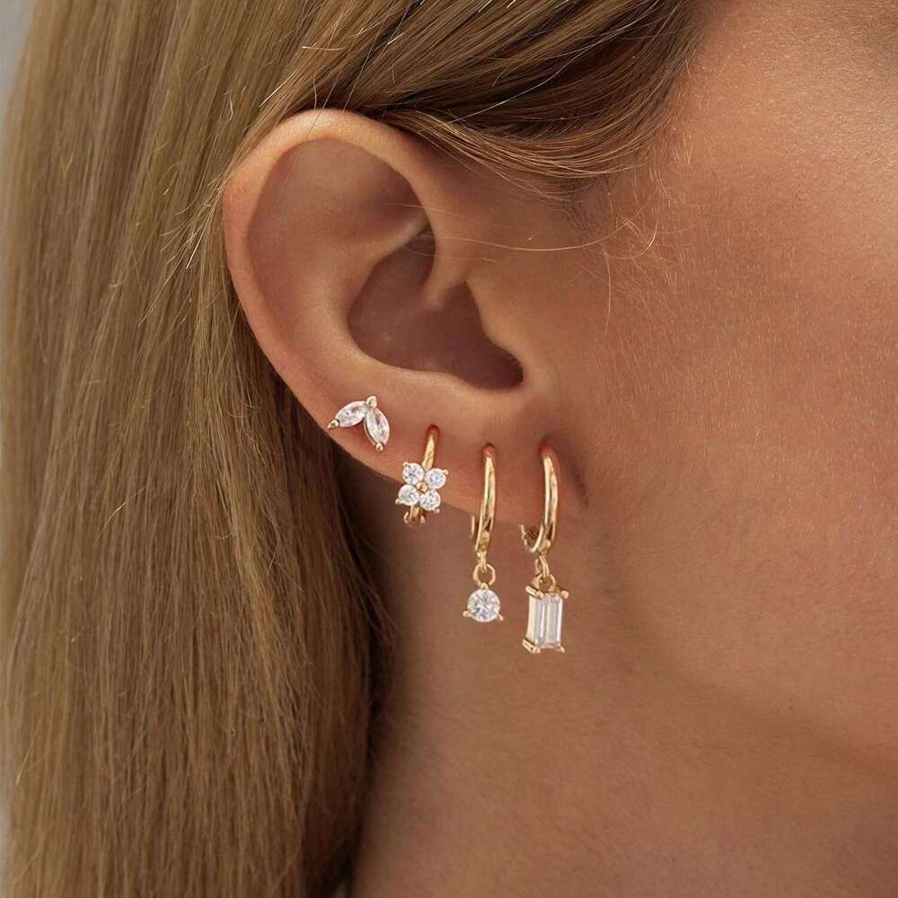 ty Stud 14K Gold Plated CZ Hie Hoop Set Small Dangle Earrings Cute Cartilage Earring Sets for Multiple Piercing Jewelry Gifts