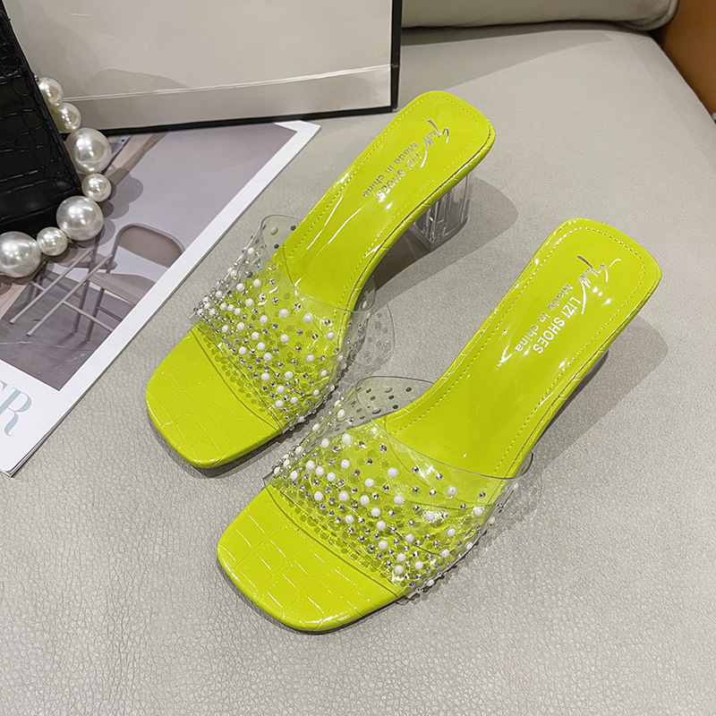 Ddmyoutdoor Women S Transparent Half Summer New Crystal Chunky Heel Outdoor High Heels Open Toe Rhinestone One Word Slippers Outdoor Shoes