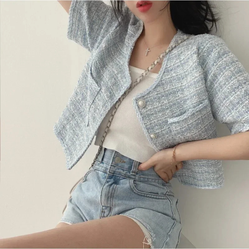 Womens Blazers O Neck Short Sleeve Blue Tweed Jacket Cropped Cardigan Tops Suit Summer Plaid Shirt Women Casual Coat Korean 250611