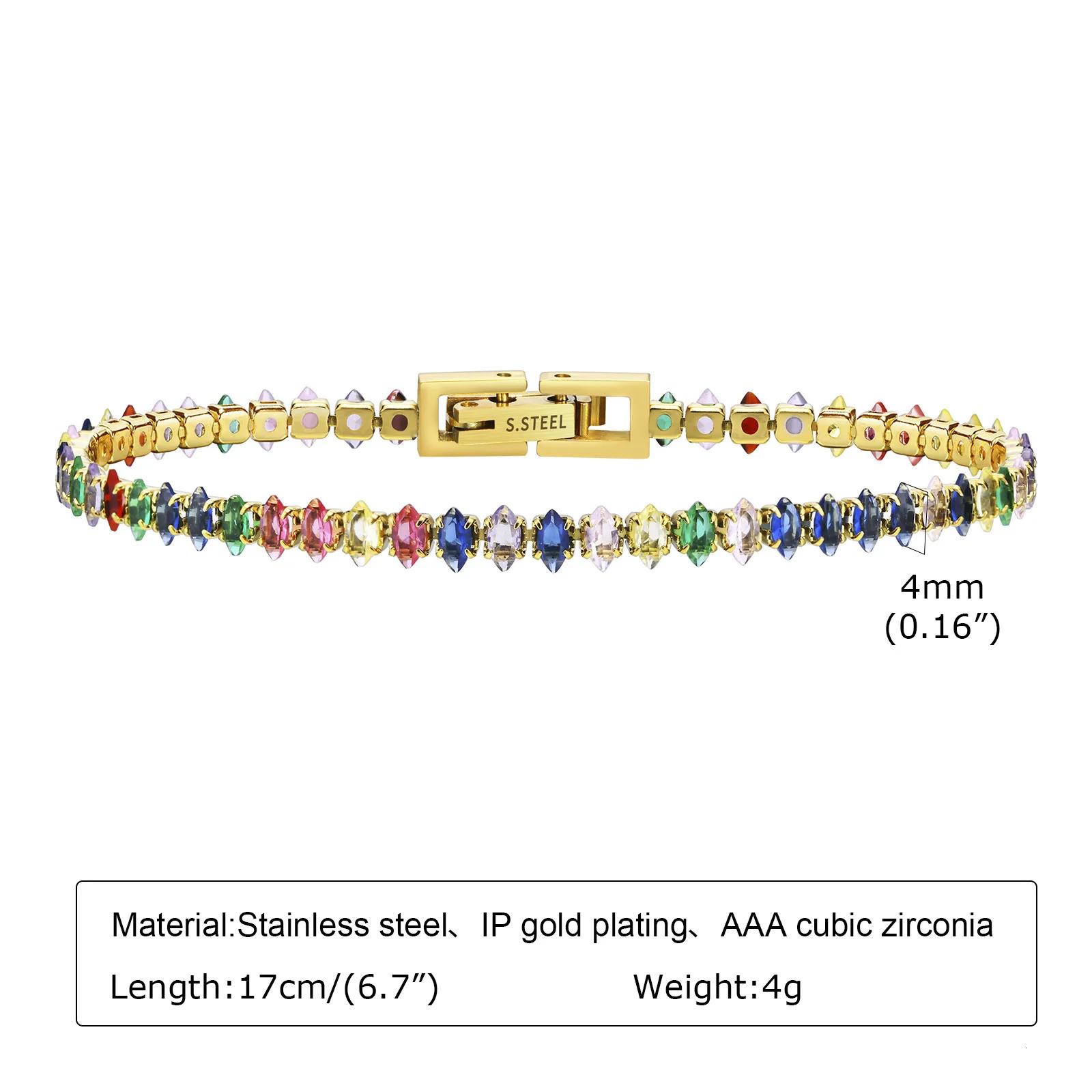 Colorful Tennis Bracelet Women Cubic Zirconia Chainstainless Steel CZ Link Girlfriend Mom Gift 250610