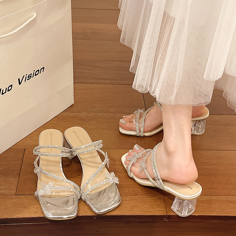 Ddmyoutdoor French Style Bowknot Rhinestone Women S White Enhancing Summer New Stunning Dress Matching Chunky Heel Crystal Sandals Outdoor Shoes