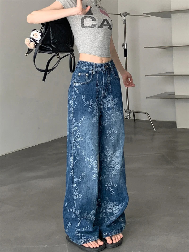 Premium Y2K Jeans Artistic Floral Printed Distressed Denim Relaxed Straight Leg Palazzo Pants 2664 250612