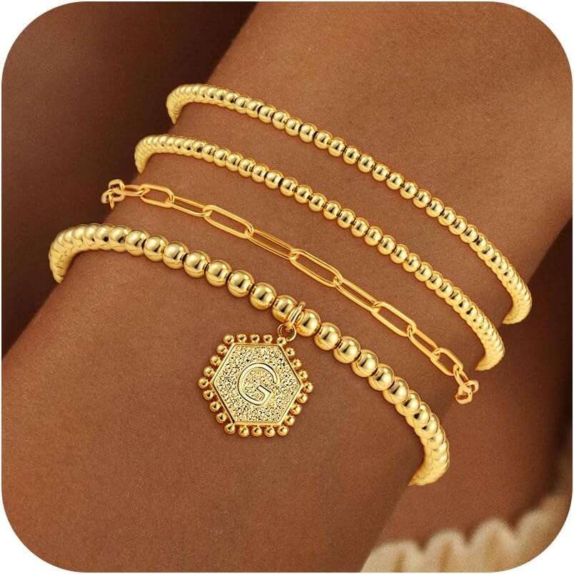 Good Girls - Gold Plated Hexagon Initial Bracelets Stackable Dainty A-Z Beaded Bracelet Letter Pendant Stretch Trendy Stack Jewelry Set for Women