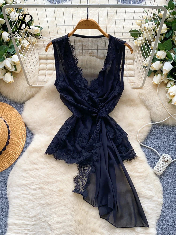 SINGREINY High Quality Lace Sexy Tank Top Women Sleeveless Up Patchwork Bohemian Slim French Style Thin Chiffon Blouse 250611