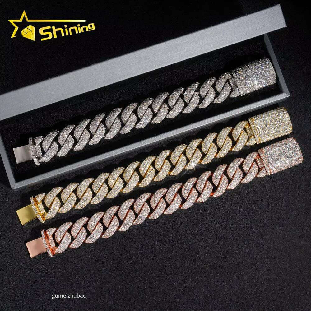 Iced Out Sterling Sier 20mm Solid Heavy Miami Moissanite Hip Hop Jewelry Men Gold Plated Cuban Link Chain Bracelet