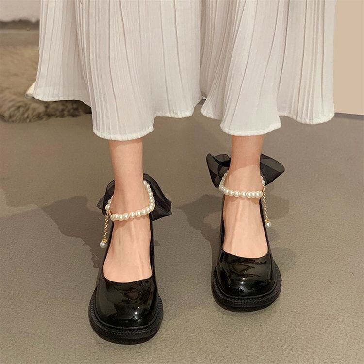 Ddmysports Pearl Ribbon Mary Jane For Women Spring New Fashion Chunky Heel Non Slip British Style Small Leather Shoes Outdoor Shoes