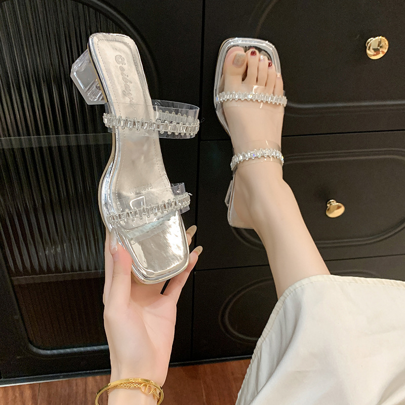 Ddmyoutdoor Transparent Crystal Chunky High Heel Sandals For Women Summer New Silver Rhinestone One Strap Versatile Slippers Outdoor Shoes