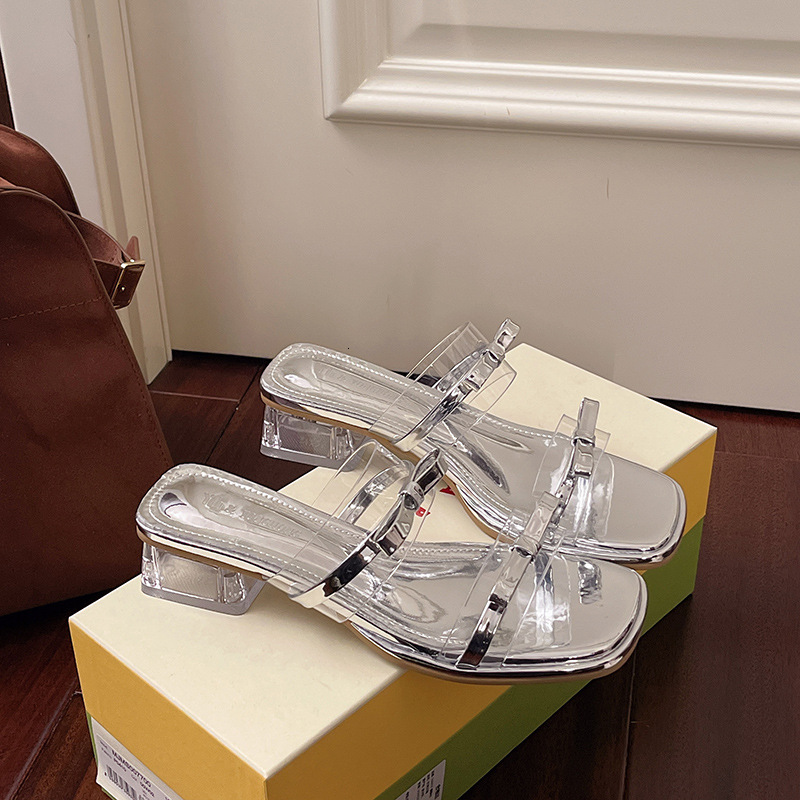 Ddmyoutdoor Fashionable And Elegant Internet Celebrity High Heel One Strap For Women Summer New Style To Pair With Skirts Silver Sandals Outdoor Shoes