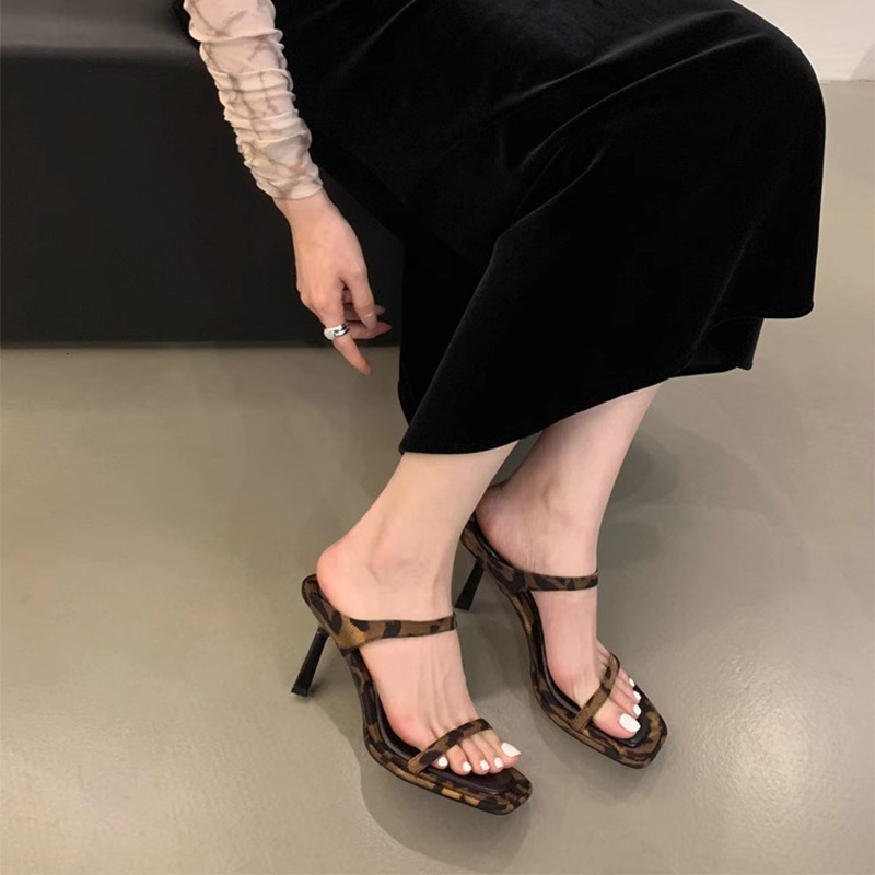 Ddmyoutdoor Summer New Trendy Sexy High For Women Leopard Print Square Open Toe Strap Thin Heel Sandals Outdoor Shoes