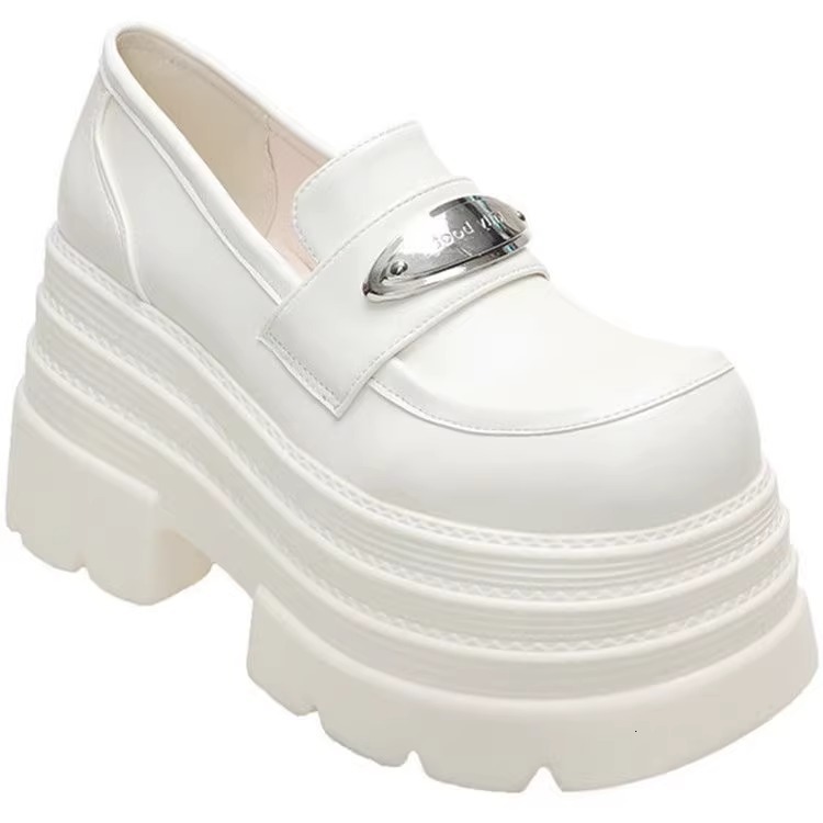 Ddmysports British Style Thick Soled White Loafers For Petite Women Chunky Heel Height Increasing Shoes Black Slip On Single Outdoor Shoes