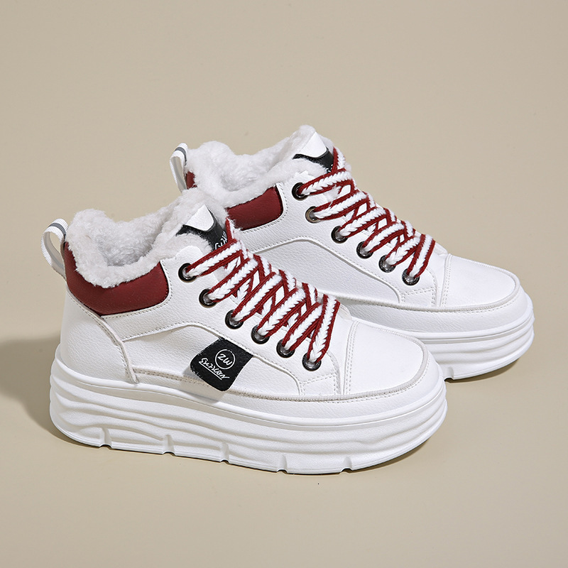 Ddmysports Winter Plush Lined High Top White Sneakers For Women Korean Style Versatile Height Increasing Thickened Warm Cotton Casual Board Trendy Sho