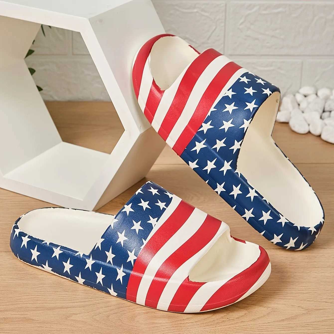 Summer Thick Sole Slippers Trendy Flag Print Slides Casual Open Toe Soft Sole Shoes Comfortable Indoor Home Slides Z250614