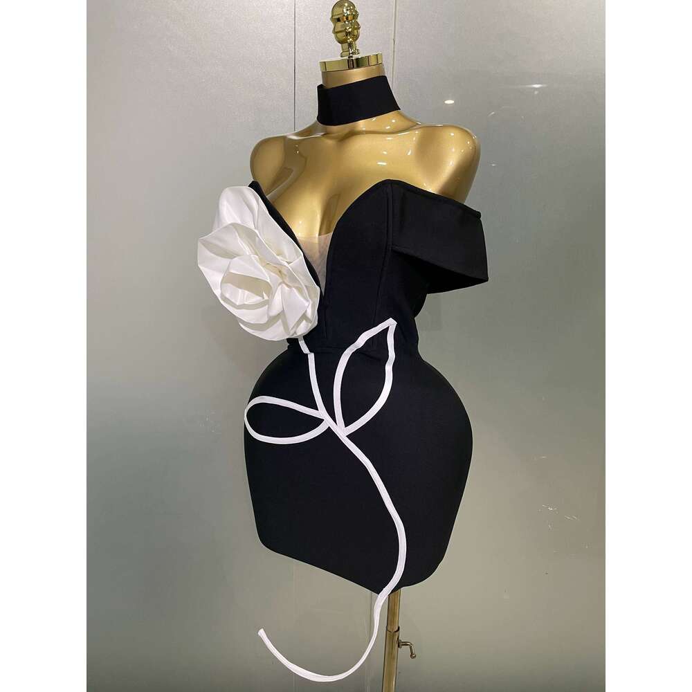 Women New Sexy Off Shoulder White Flower Black Mini Bodycon Bandage Dress Celebrity Evening Club Elegant Party Gowns