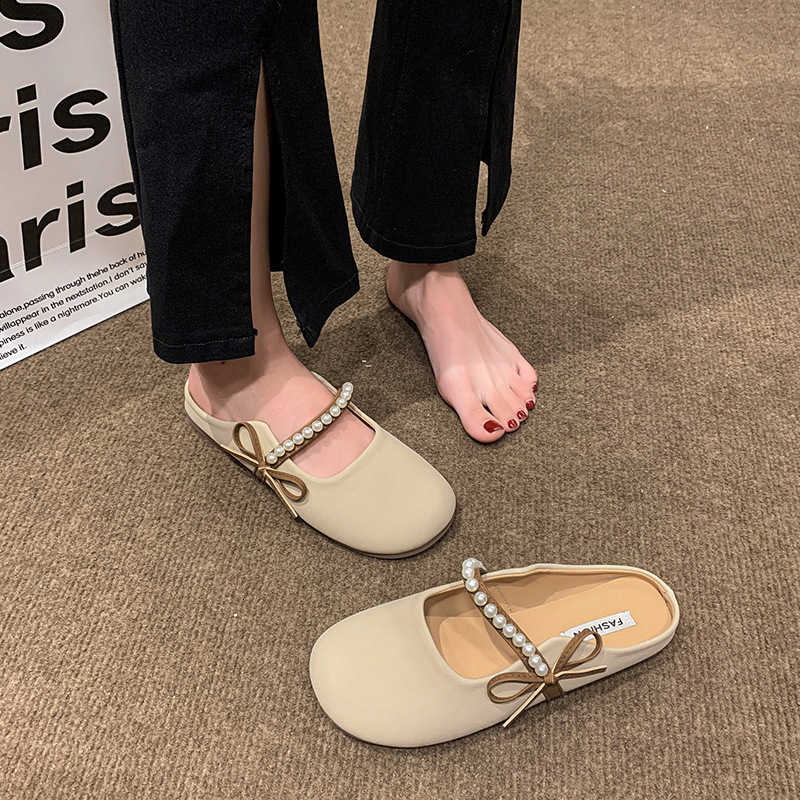 Ddmyoutdoor Spring New Sweet Pearl Bowknot Closed Toe Half Slippers For Women Flat Slip On Lazy Shoes Outdoor Shoes