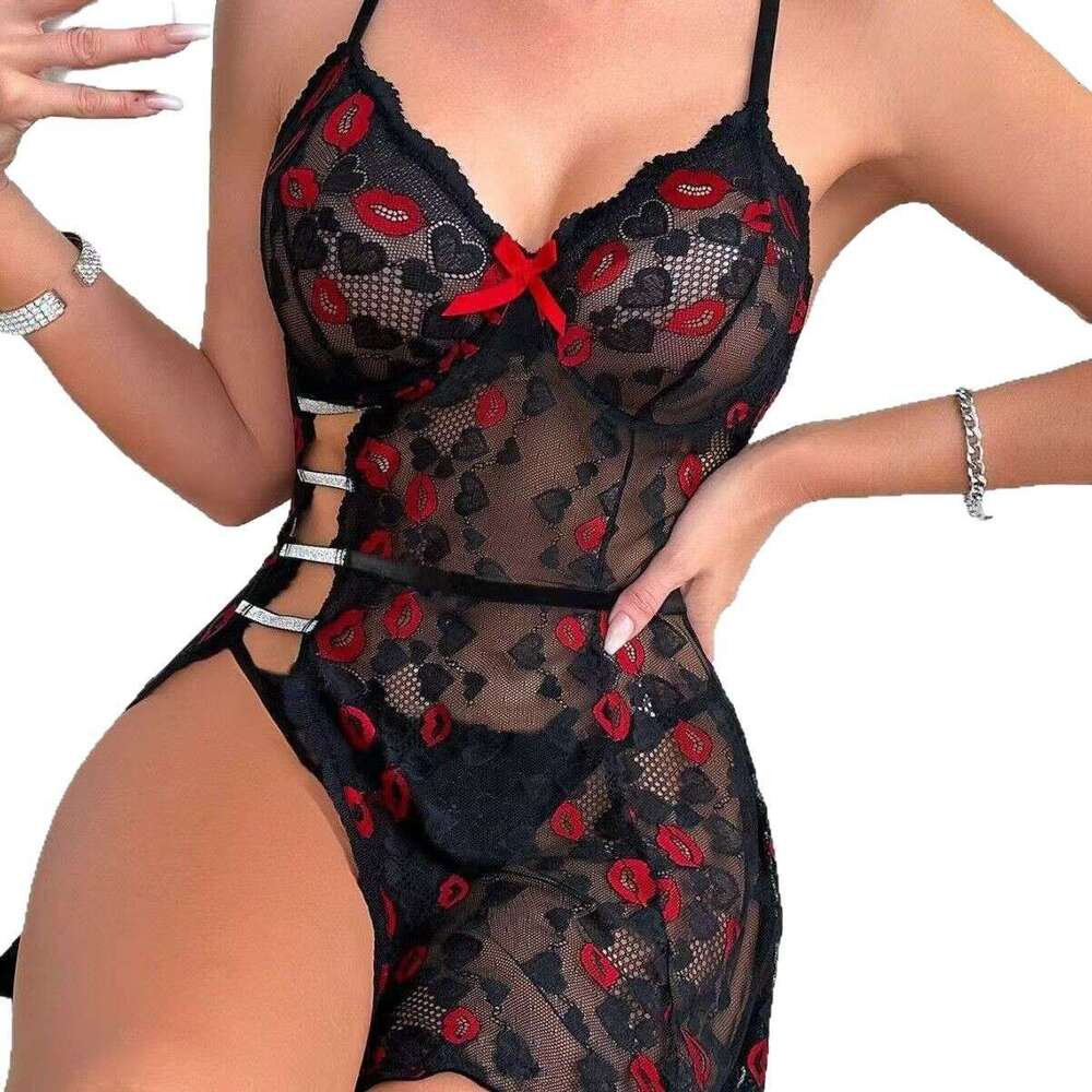 Sexy Lingerie Porn Suits New Sexy Set With Lip Print Hip Lift Thin Embroidered Lingerie Spell Lingerie