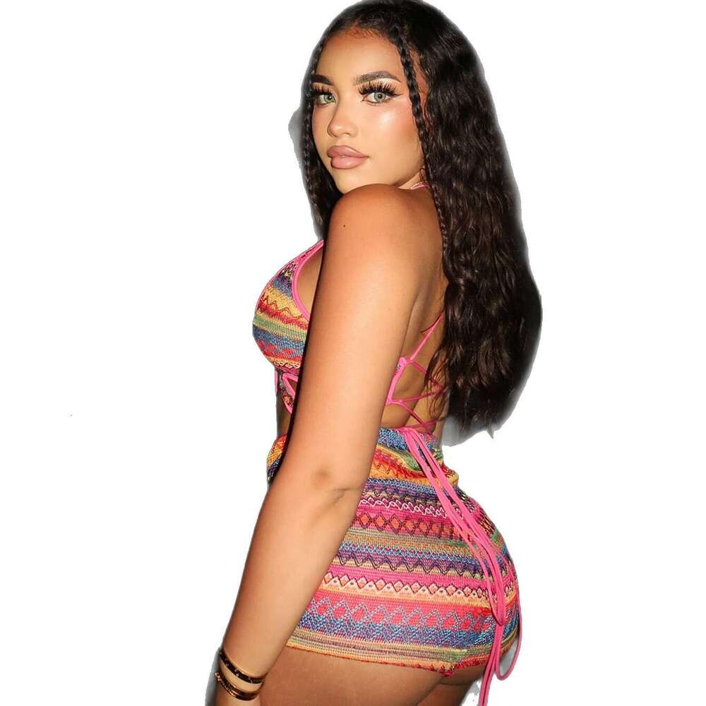 Summer Knitted Ethnic Style Halter Neck Top Waist-Cinching Shorts Set B5