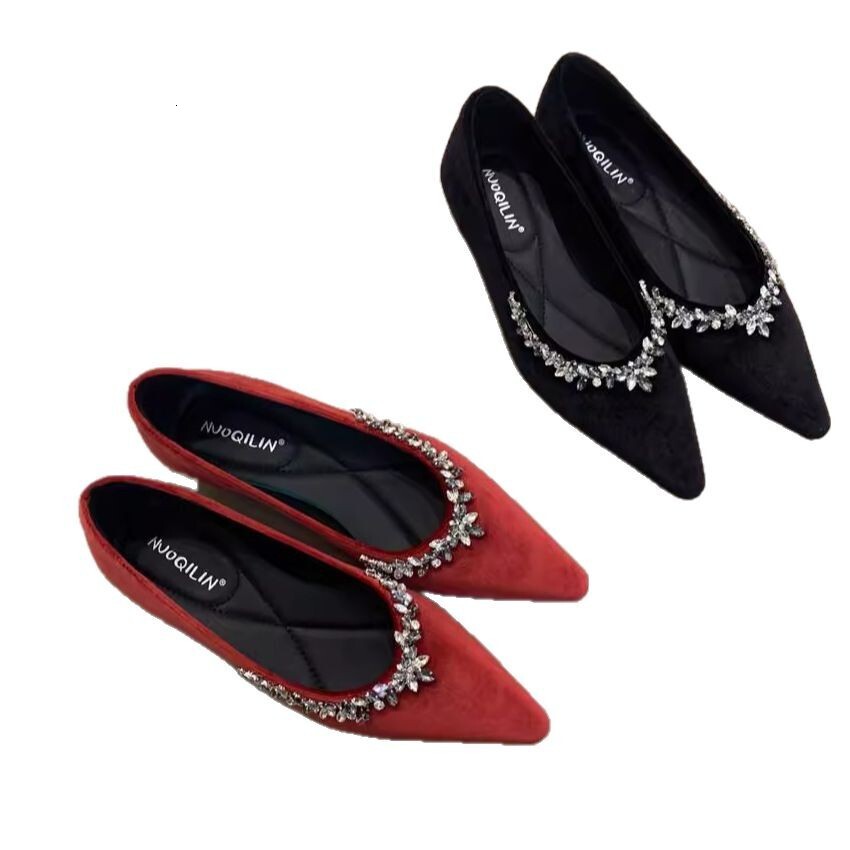 Ddmyoutdoor Elegant Rhinestone Pointed Toe Single For Women Spring French Sweet Velvet Red Shallow Mouth Soft Sole Evening Shoes Outdoor Shoes