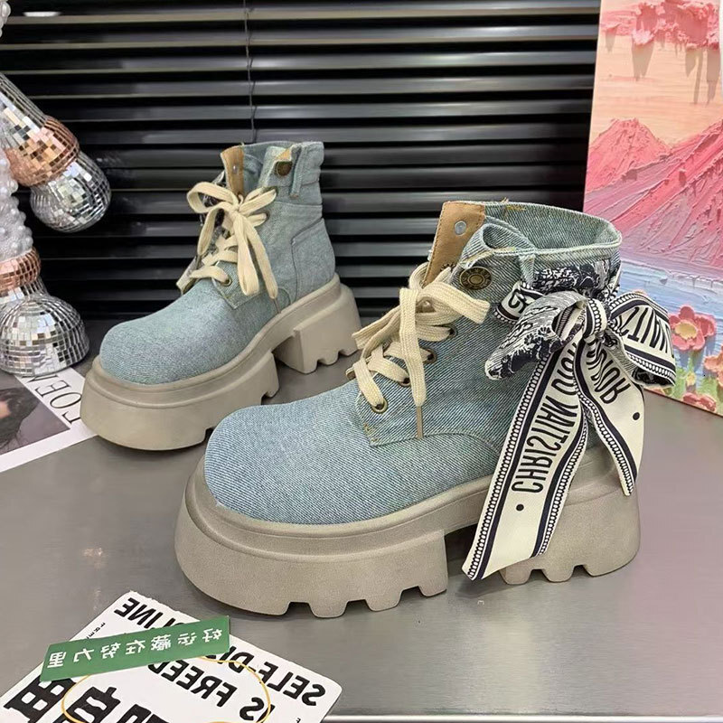 Ddmysports Summer New Canvas Martin For Women Thick Sole Height Increasing French Style With Skirt Bowknot Lace Up Single Boots Outdoor Shoes