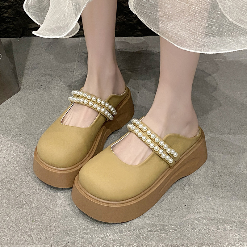 Ddmysports Spring Summer French Closed Toe Mules For Women New Pearl Fairy Style Thick Soled Mary Jane Sandals Outdoor Shoes