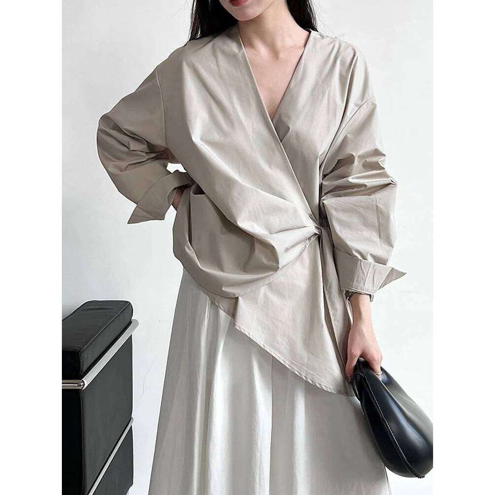 Women Black Bandage Elegant Irregular Big Size Blouse New V-neck Long Sleeve Shirt Fashion Tide Spring Autumn