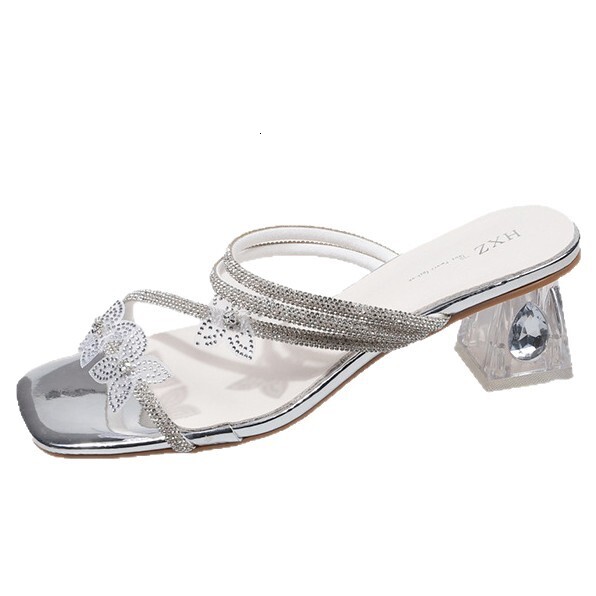 Ddmyoutdoor Rhinestone Slippers For Women Outdoor New Summer Bowknot Crystal Chunky Heel Dress Sandals Outdoor Shoes