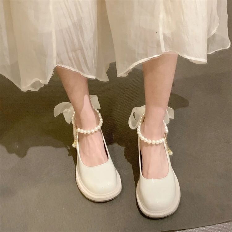 Ddmysports Pearl Ribbon Mary Jane For Women Spring New Fashion Chunky Heel Non Slip British Style Small Leather Shoes Outdoor Shoes