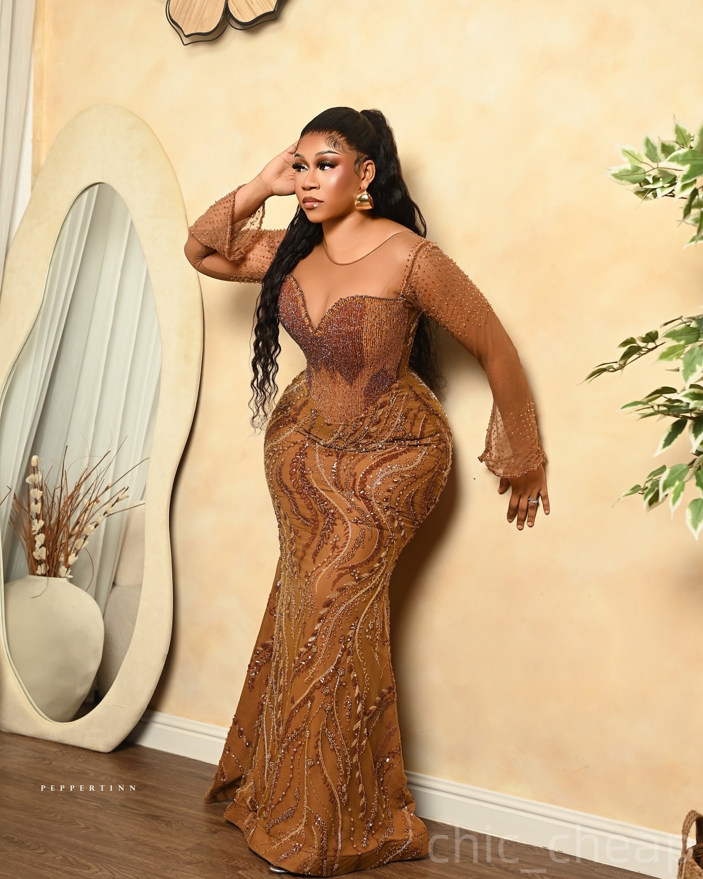 Mermaid Brown Prom Dresses 2025 Beaded Sequined Sheer Neck Illusion Evening Formal Party Second Birthday Engagement Gowns Plus Size Dress For Special 