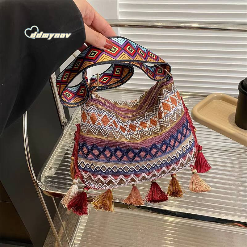 Vintage Women's Tassel Ethnic Handwoven Crossbody Lady Bag Hippie Sling Shoulder Bags for Ladies Handbag ddmynov
