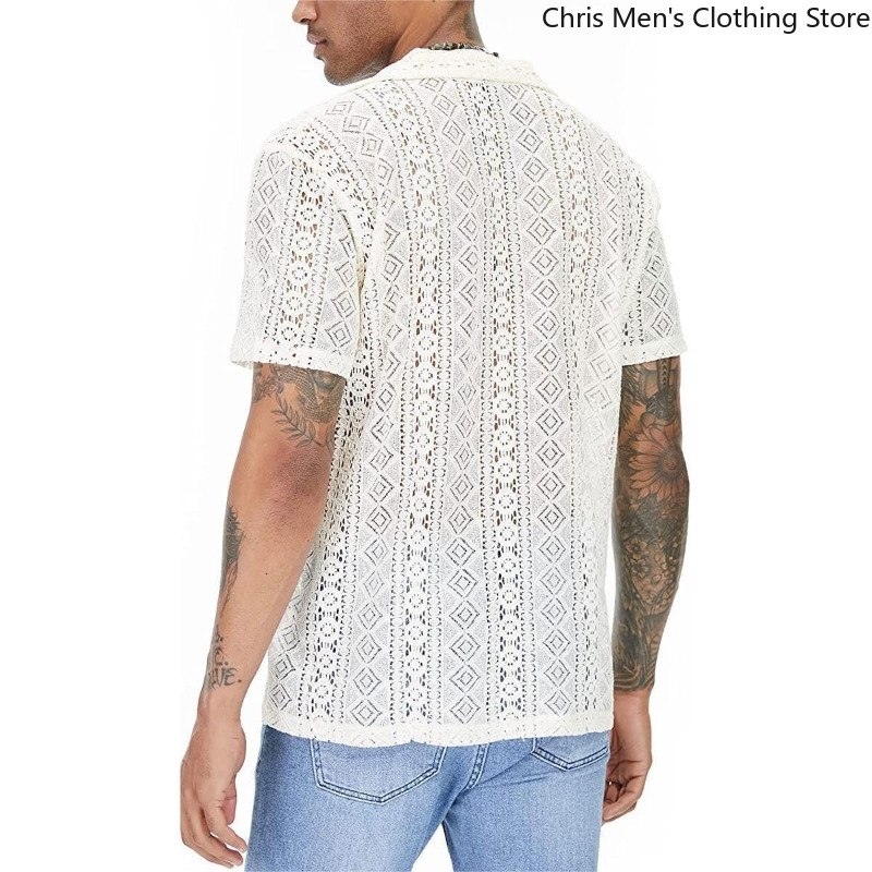 Stock Quick Mens Lace Shortsleeved Shirt Sexy Perspective Holiday Casual Hollowout Summer Thin Trend w250520