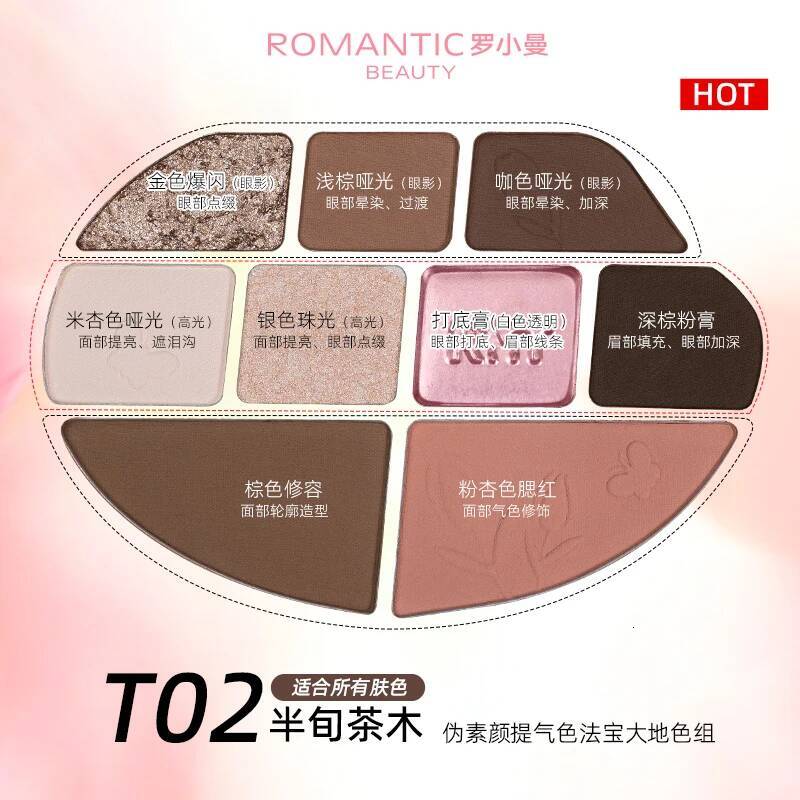 ROMANTIC BEAUTY Highlight Face Comprehensive Palette 9 Color Eye Shadow Brightening Powder Blusher
