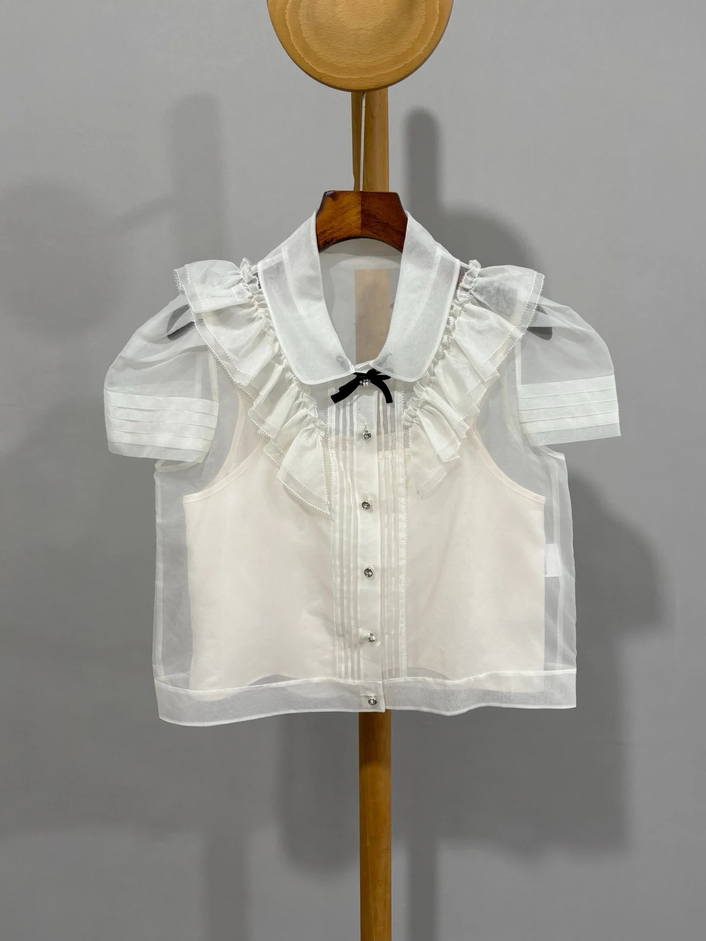 French Sweet Lady 100% Silk Bow Tie Polo Collar Short Blouse Fashoin Lady Single Breasted Short Sleeve Mesh Two Piece Set Shirt 250609