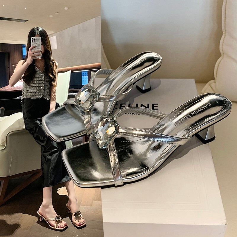 Ddmyoutdoor Stunning Outdoor Sandals For Women Summer New Fashion With Dress Rhinestone Open Square Toe Chunky Heel High Heels Outdoor Shoes