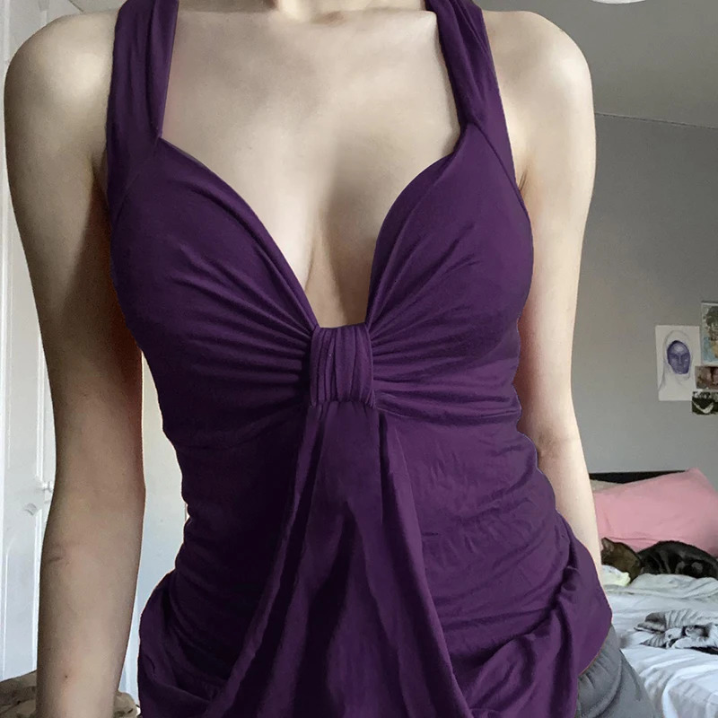 HEYounGIRL Women Fold Bow n Purple Tank Top Y2K Chic Sleeveless Vneck Crop Vintage Stylish Sexy Vest Street Outfits 250614