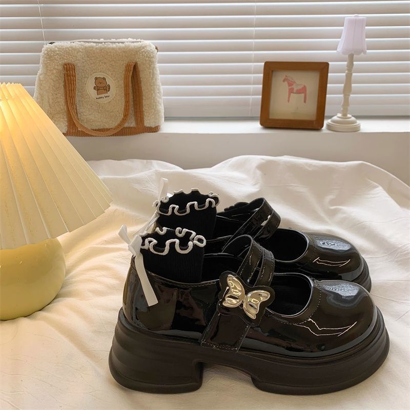 Ddmysports White Pearl Small Leather For Women Summer Shallow Mouth Versatile College Style Thick Sole Round Toe JK Mary Jane Shoes Outdoor Shoes