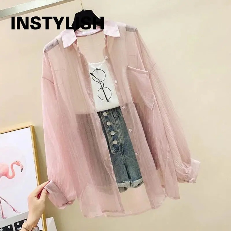 Summer Sunscreen Shirt Elegant Perspective Thin Chiffon Blouse Korean Harajuku See Through Loose Top Casual Womens Cardigan 250614
