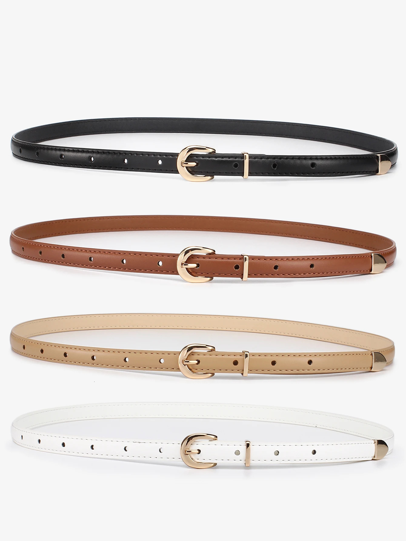 4pcs Women Student Teenager Skinny Leather Belt Thin Waist Belt with Metal Buckle for Pants Jeans Dresses 250610