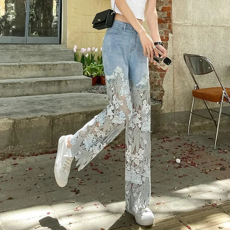 Blue High Waist S Pants for Women Splicing Straight Leg Womens Jeans Summer Trousers Quality Grunge Y2k Good Shiny A 90s 250612
