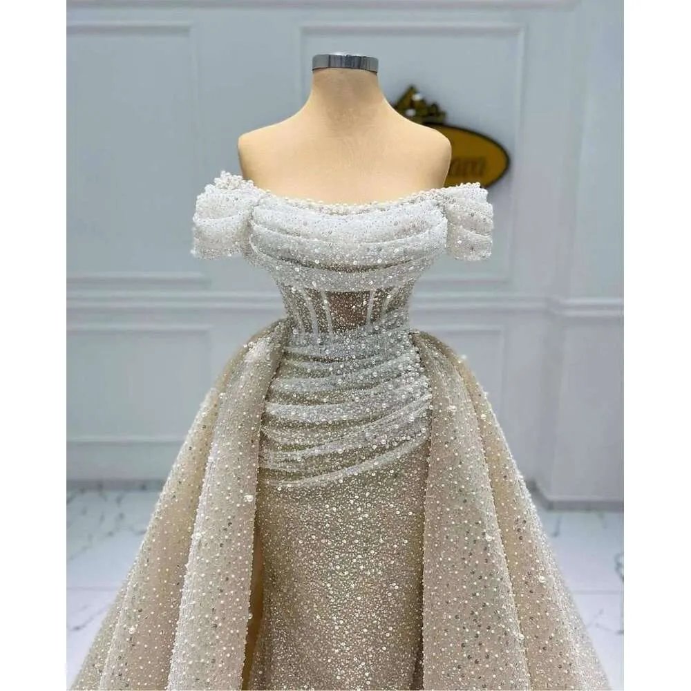 Elegant Sequins Lace Evening Dress Pearls Prom Gowns With Detachable Off Shoulder Princess Party Dresses Customized