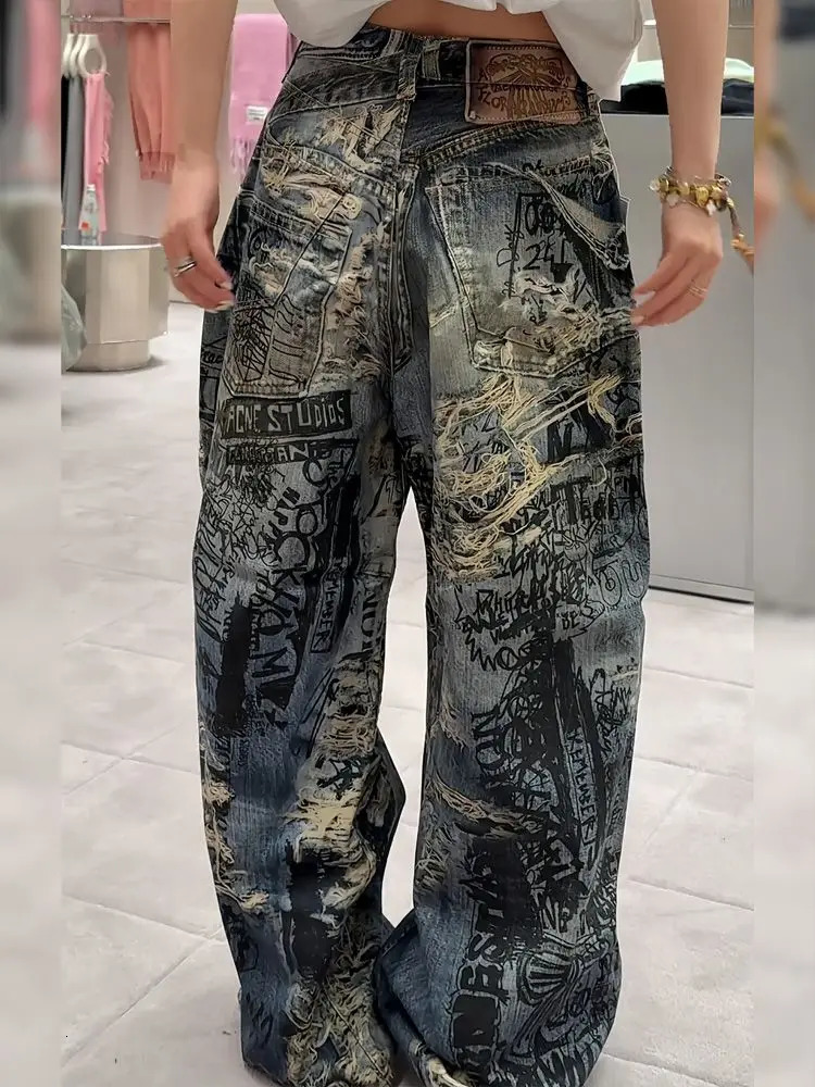 American High Street Big Hole Dirty Dyed Jeans Female Y2K Harajuku Punk Spice Girl Color Printing Extended Mop Pants 250612