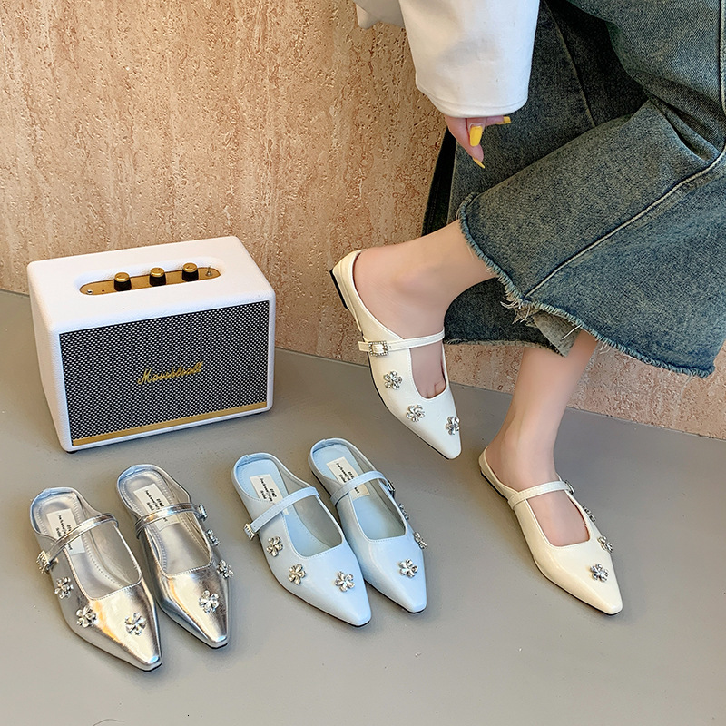 Ddmyoutdoor French Style Rhinestone Mary Jane For Women Summer New Outdoor Chunky Heel Silver High End Closed Toe Sandals Mules Outdoor Shoes