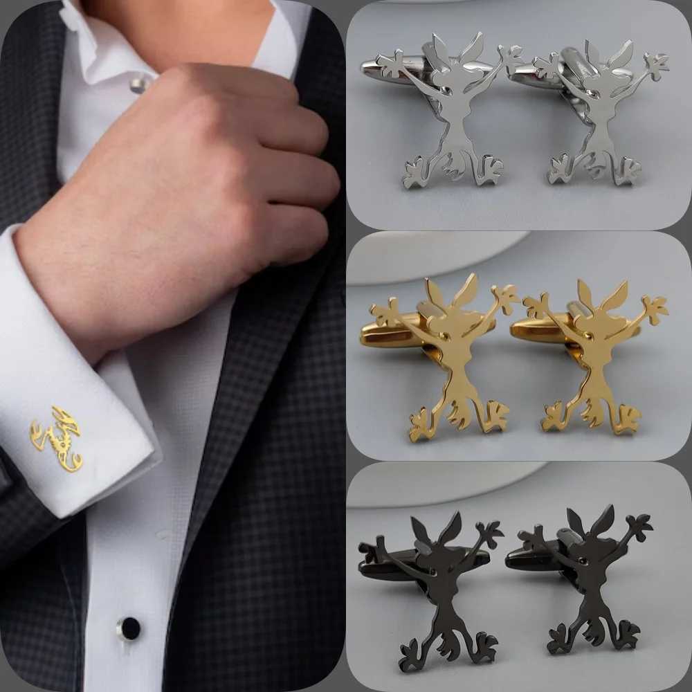 Funny bunny cartoon character cufflinks in gold-plated black French shirt cuff accessories worn by high-end business men XJ250614