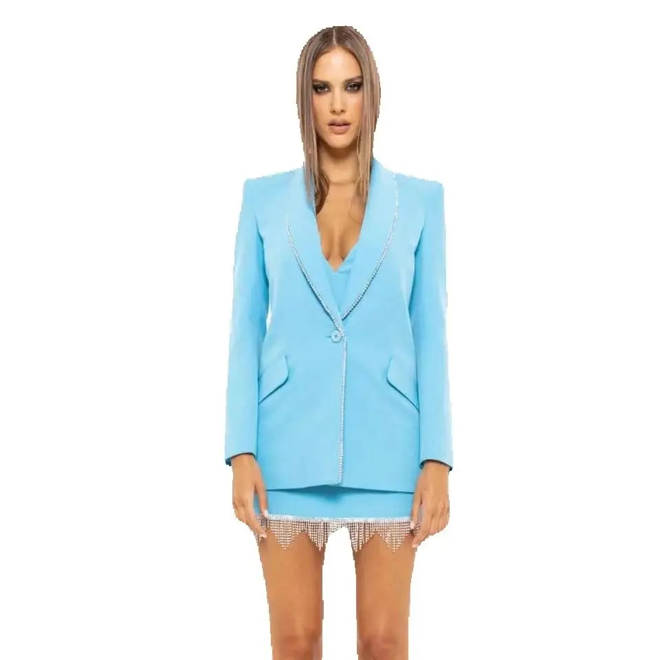Sky Blue Women Dress Suits 2 Pieces Beading Ladies Fashion Wear Prom Birthday Party Customized Blazer Sets