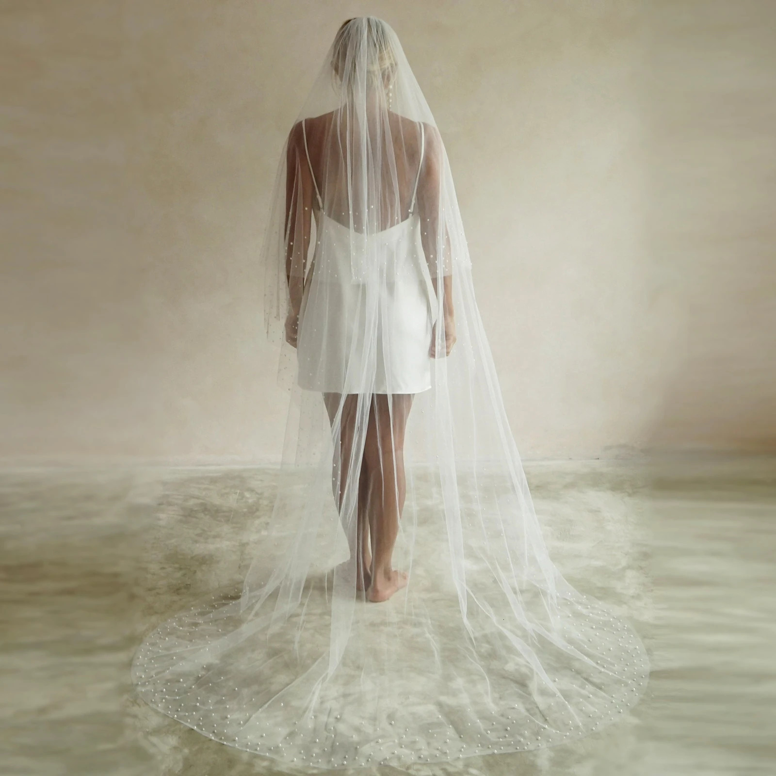 2 Tiers Wedding Veil Long Pearls Beaded Bridal Veils with Blusher Cover Face Cathedral Soft Tulle Wedding Accesories V171 250603