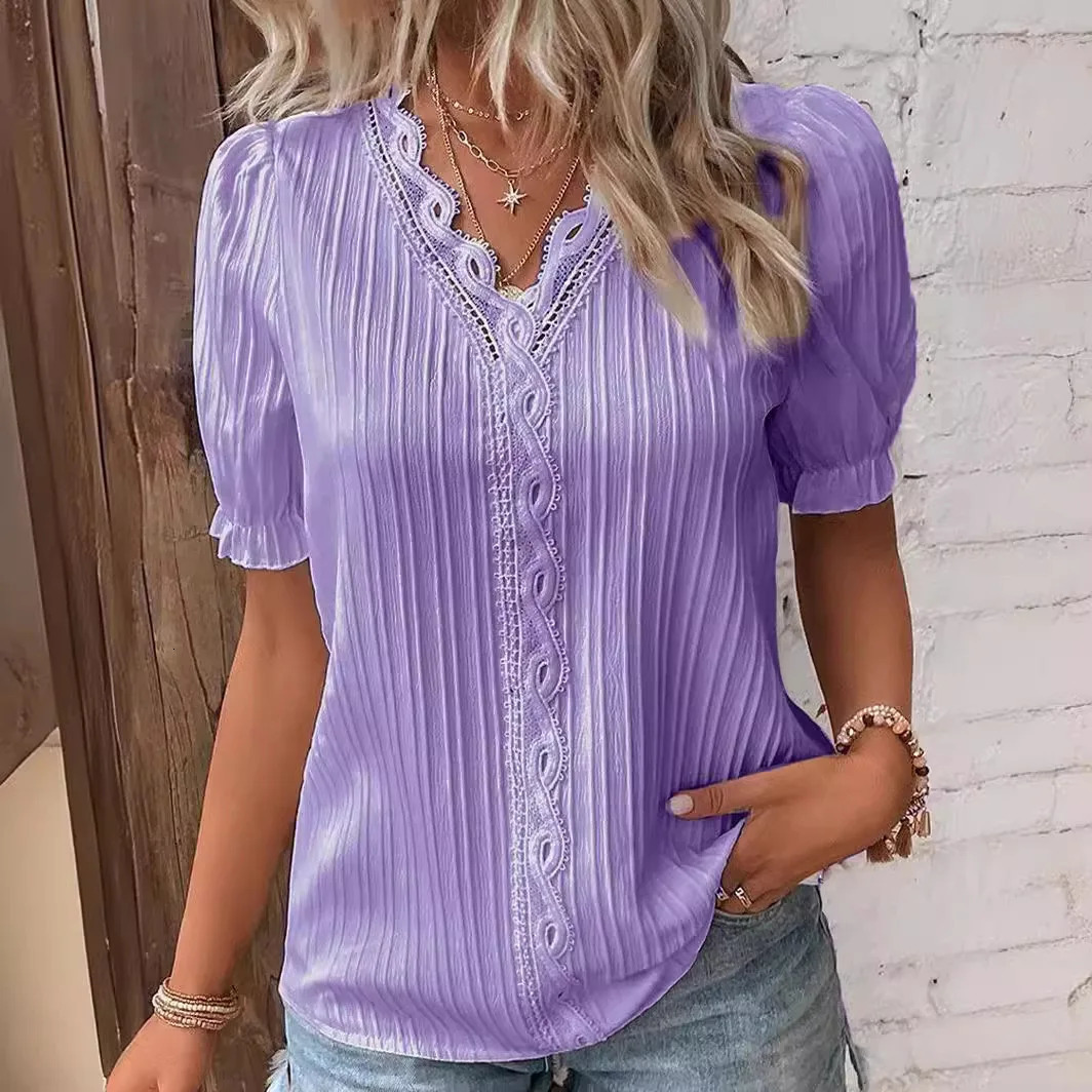 1pcs Summer Women TShirt Lady Short Sleeve Casual VNeck Tee Womens Pullover Lace Chiffon Shirt Female Holiday Fashion Tops 250614