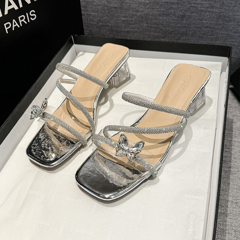 Ddmyoutdoor Fairy Style Crystal Heel Sandals For Women Summer Bowknot Rhinestone Chain One Strap Fashionable Elegant High Heels Outdoor Shoes