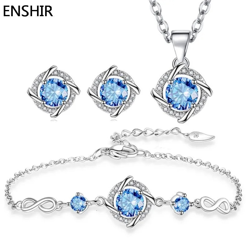 ENSHIR White Blue Zirconia Pinwheel Shape Pendant Necklace Earrings Bracelet Jewelry Set for Women Engagement Party Gift 250609