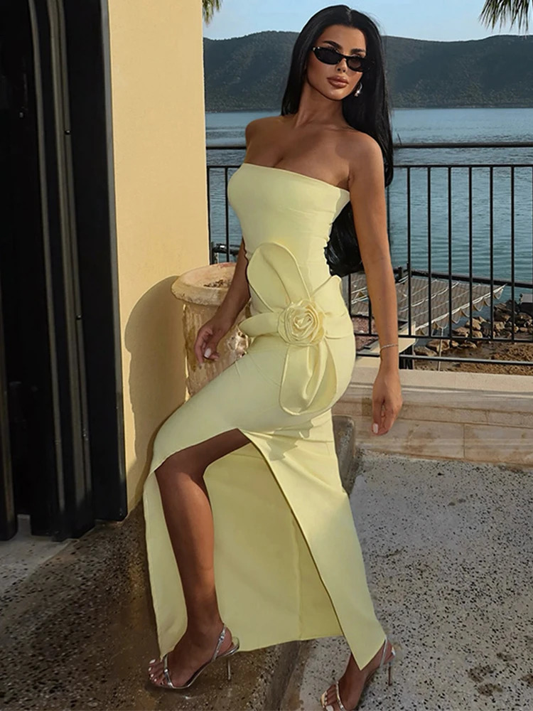 Elegant 3d Flower Strapless Yellow Dress Women Sleeveless Slim Hip Package Split Long Dresses Summer Party Evening Robes 250612