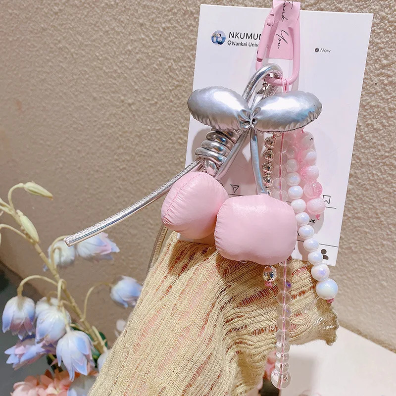 Fashion Silver Pink Cherry Stuffed Fruit Keychain Kawaii PU Leather Solid Color Beaded Braided Rope Charm Bag Car Pendant Keyfob 250610