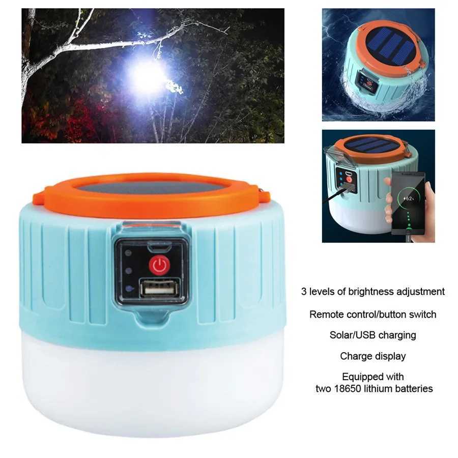 LED Solar Lights Waterproof Charging Remote Control Tent Lamp Energy Saving Emergency Night Market Light for Outdoor BBQ Camping W250613