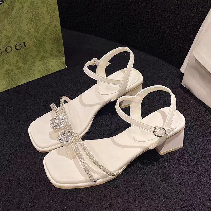 Ddmysports One Strap Crystal Chunky Heel Women S Sandals New Fashion Bowknot Fairy Style Stunning Open Toe Simple Outdoor Shoes